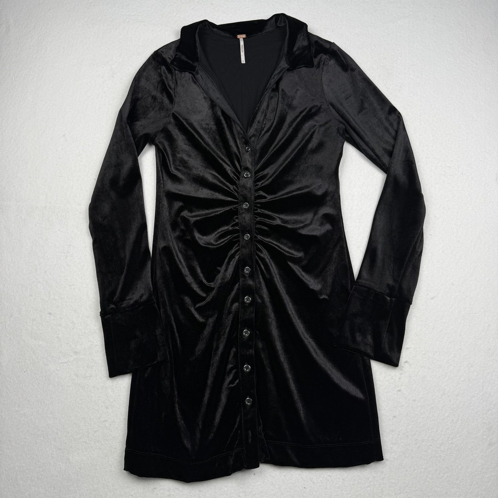 Free People Shayla Shirt Dress Womens S Black Velvet Button Front Ruched Mini